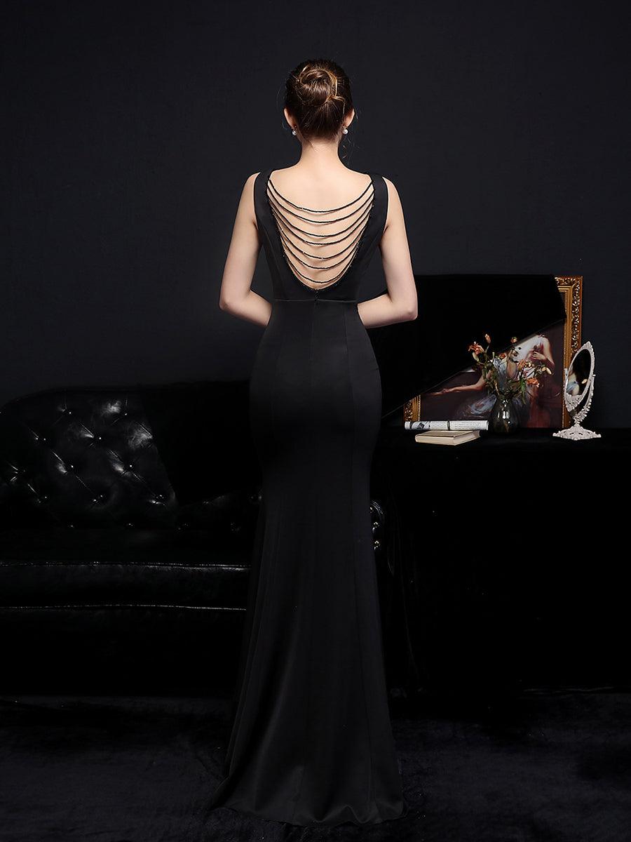 V-neck Solid Cutout Back Chain Prom Dress