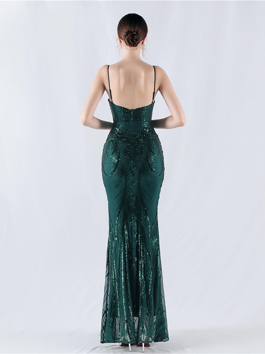 Spaghetti Blue Sequin Coset Prom Dress