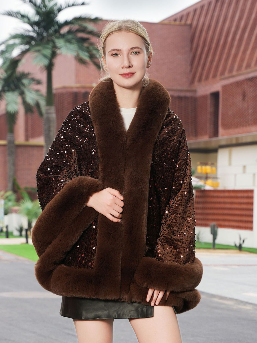 Sequin Solid Elegant Faux Fur Trim Cape Shawl