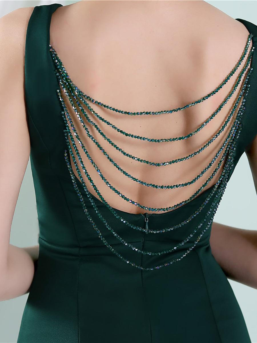 V-neck Solid Cutout Back Chain Prom Dress