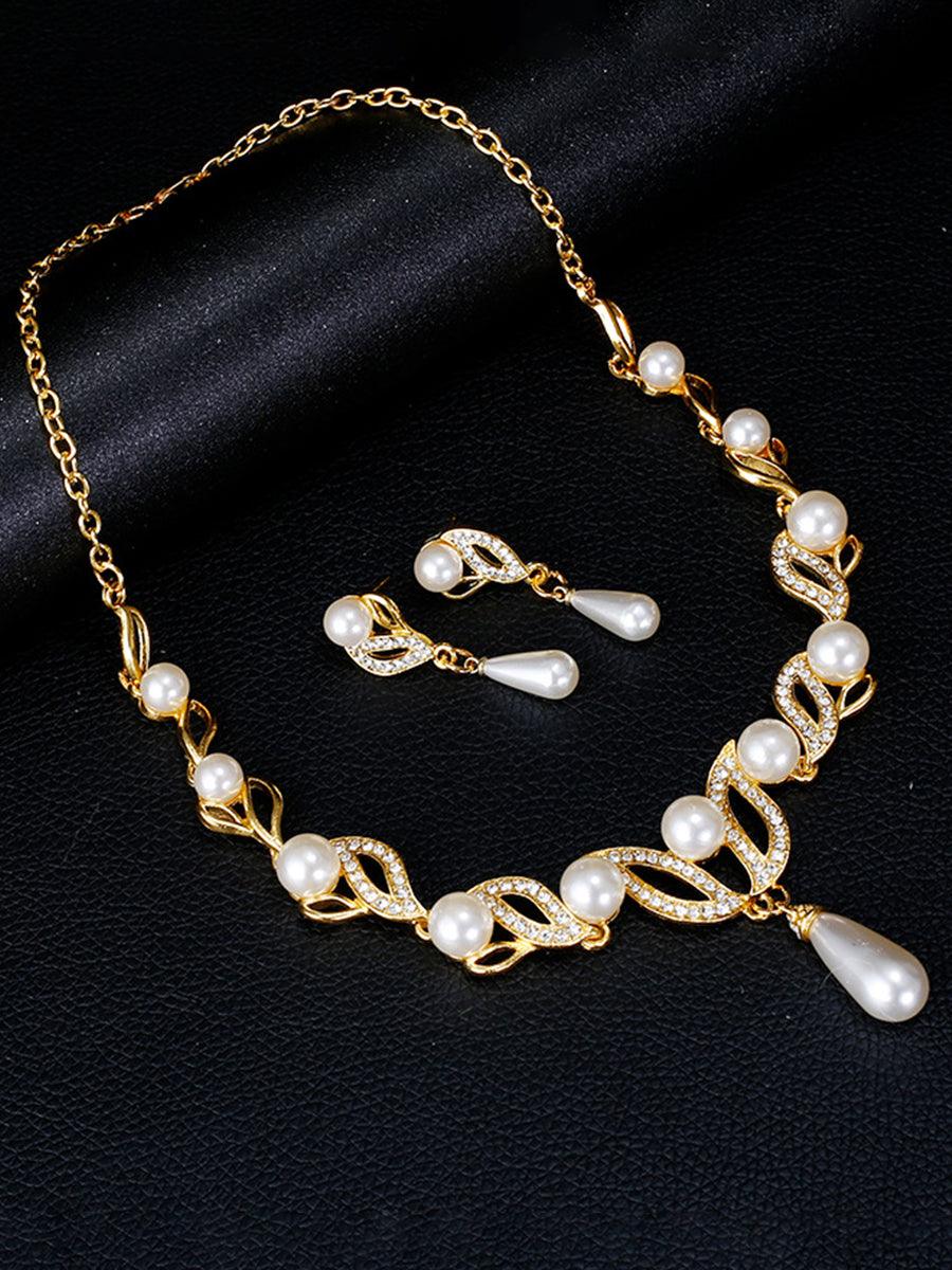 Teardrop Pearl Necklace Earrings Gold Set MRL20001