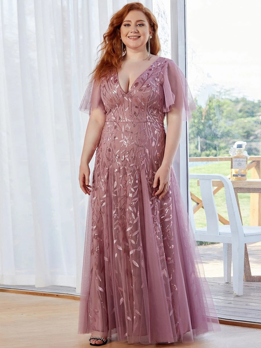 Leaf Sequin Ruffled Bridesmaid Dress