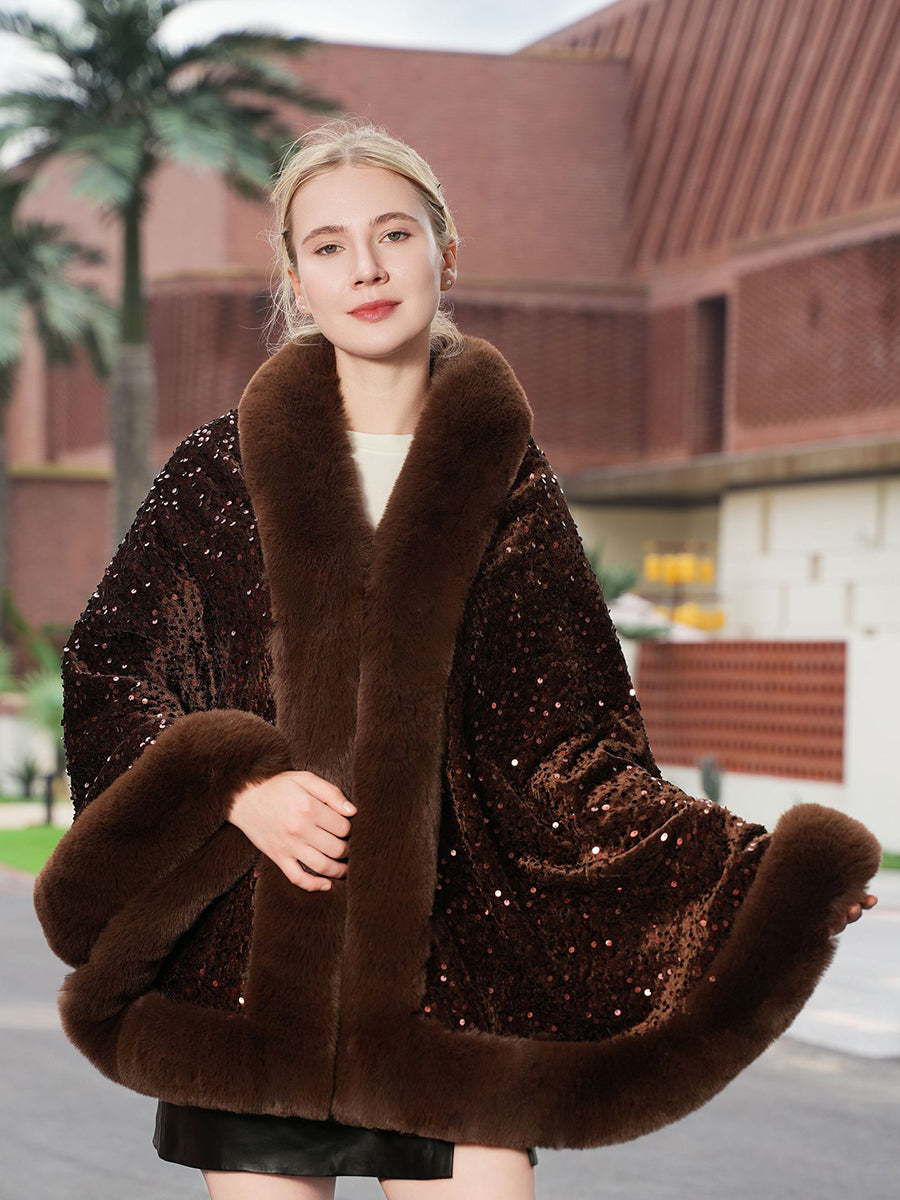 Sequin Solid Elegant Faux Fur Trim Cape Shawl