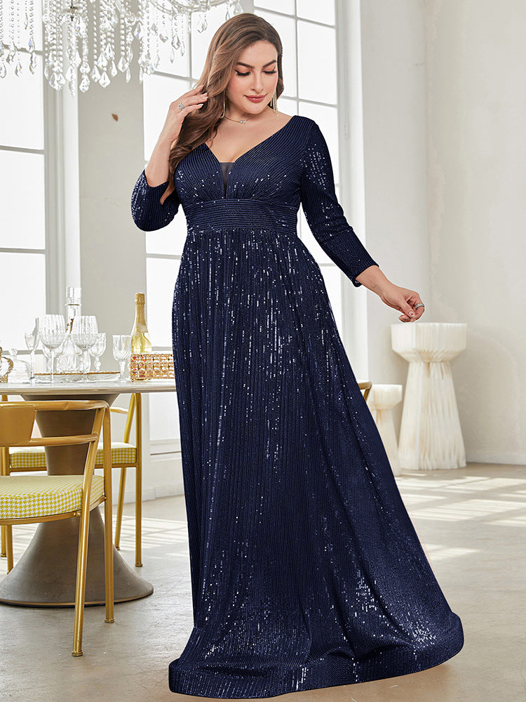 Long Sleeve V-neck Sequin Wedding Guest Dress