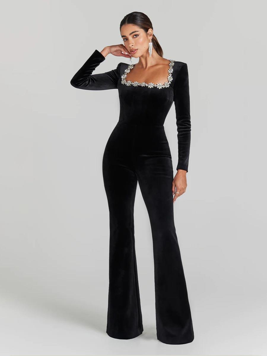 Rhinestone Square Neck Velvet Jumpsuits