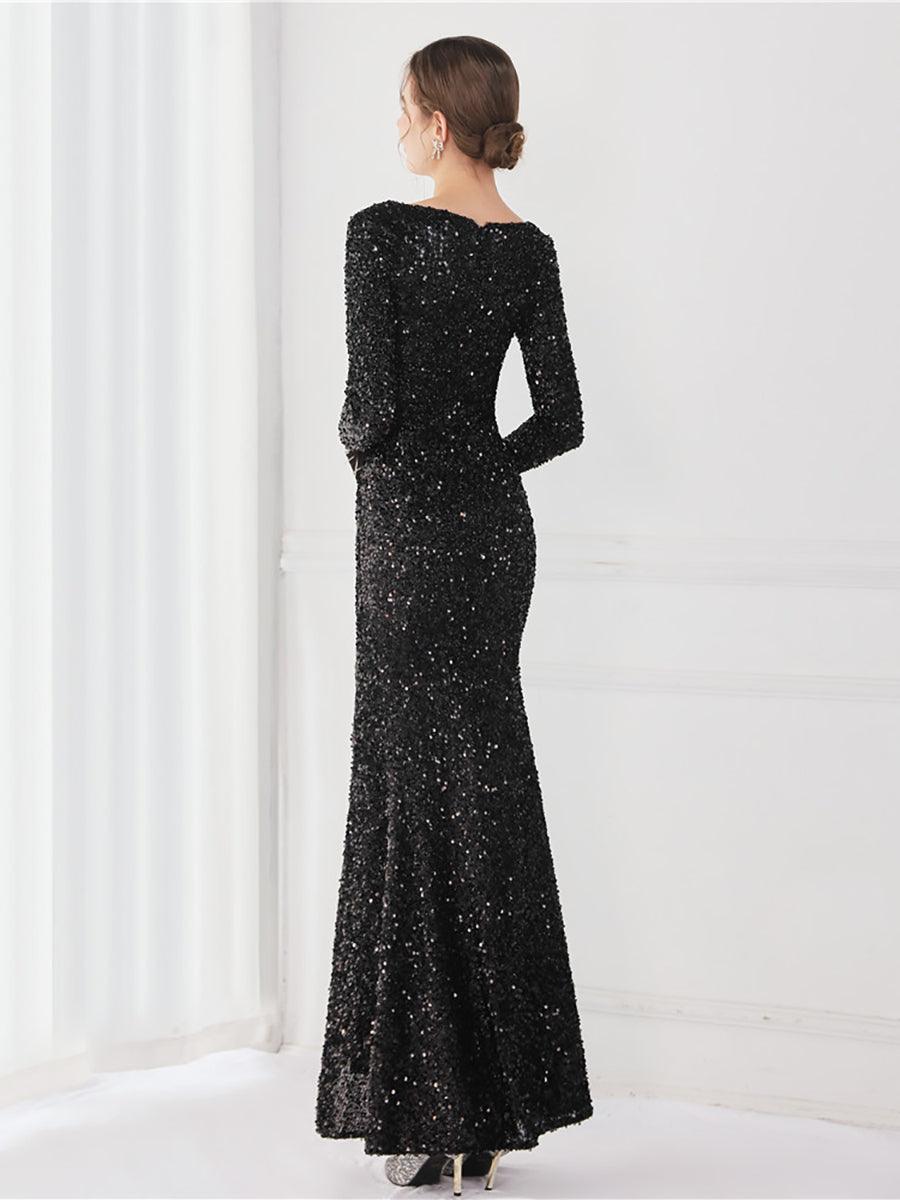 Long Sleeve Solid V-neck Sequin Prom Dress