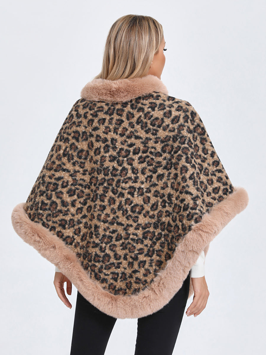 Leopard Print Faux Fur Trim Knitted Poncho Shawl
