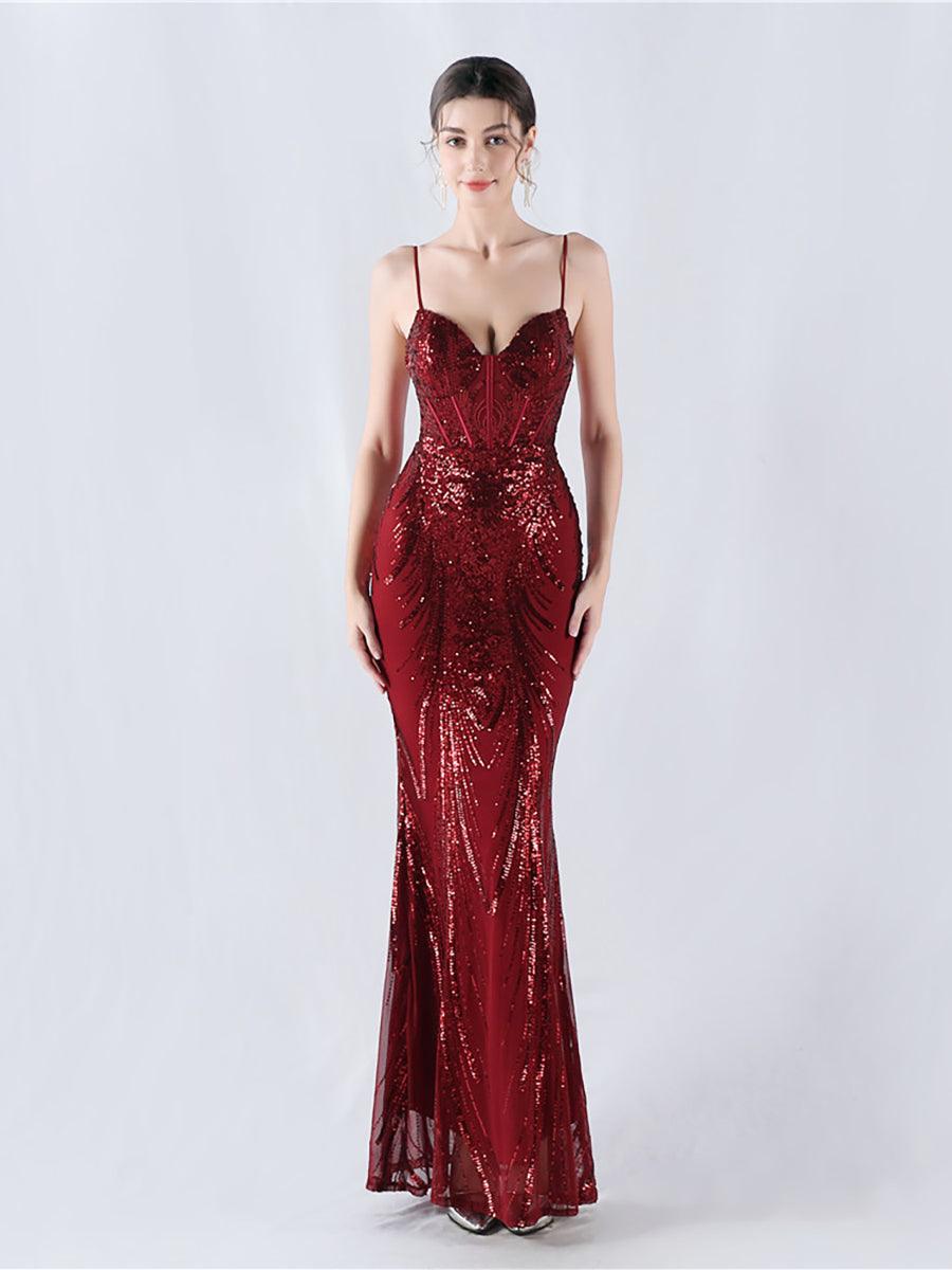 Spaghetti Blue Sequin Coset Prom Dress