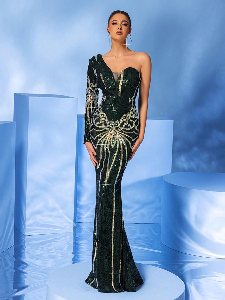 Green One Shoulder Sequin Mermaid Prom Dress