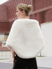 White Short Faux Fur Knitted Poncho Shawl