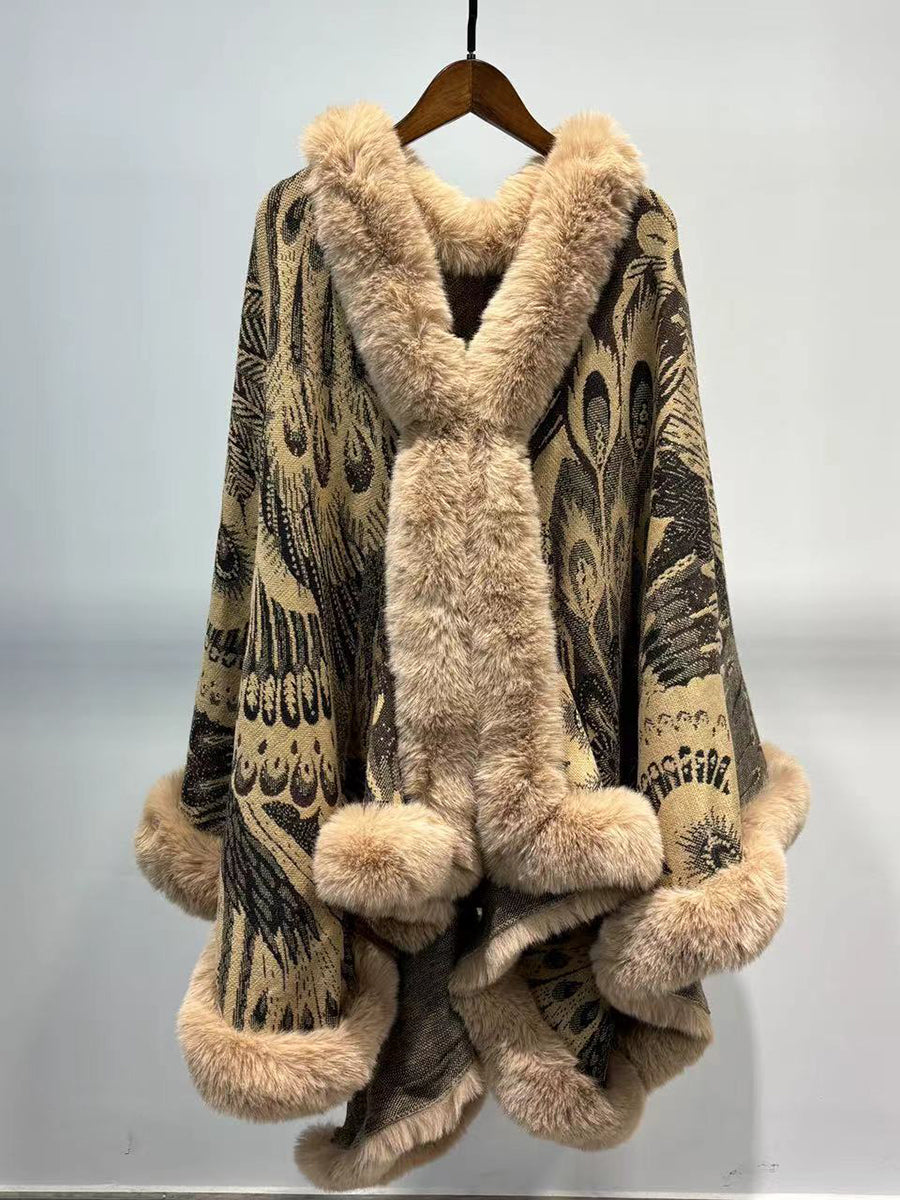 Graphic Elegant Faux Fur Trim Cape Shawl
