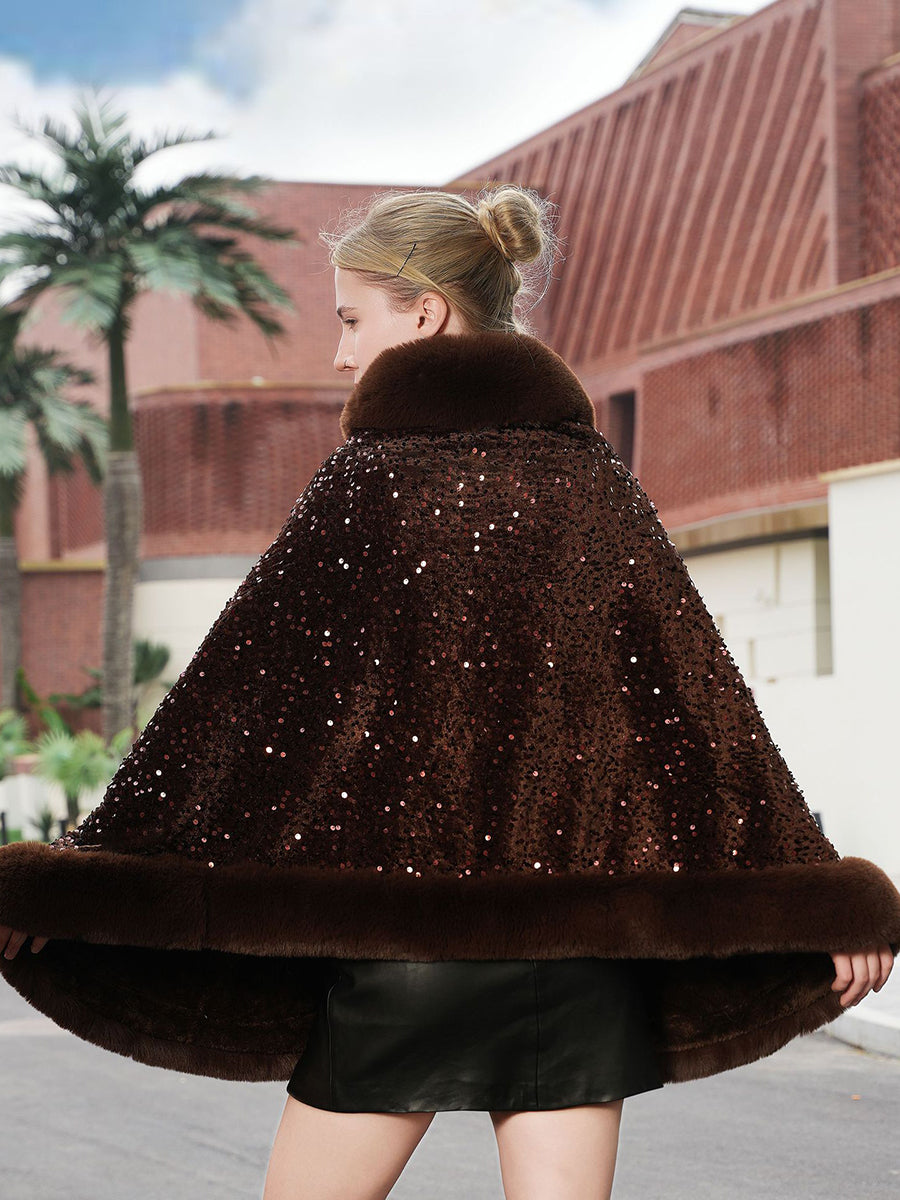 Sequin Solid Elegant Faux Fur Trim Cape Shawl
