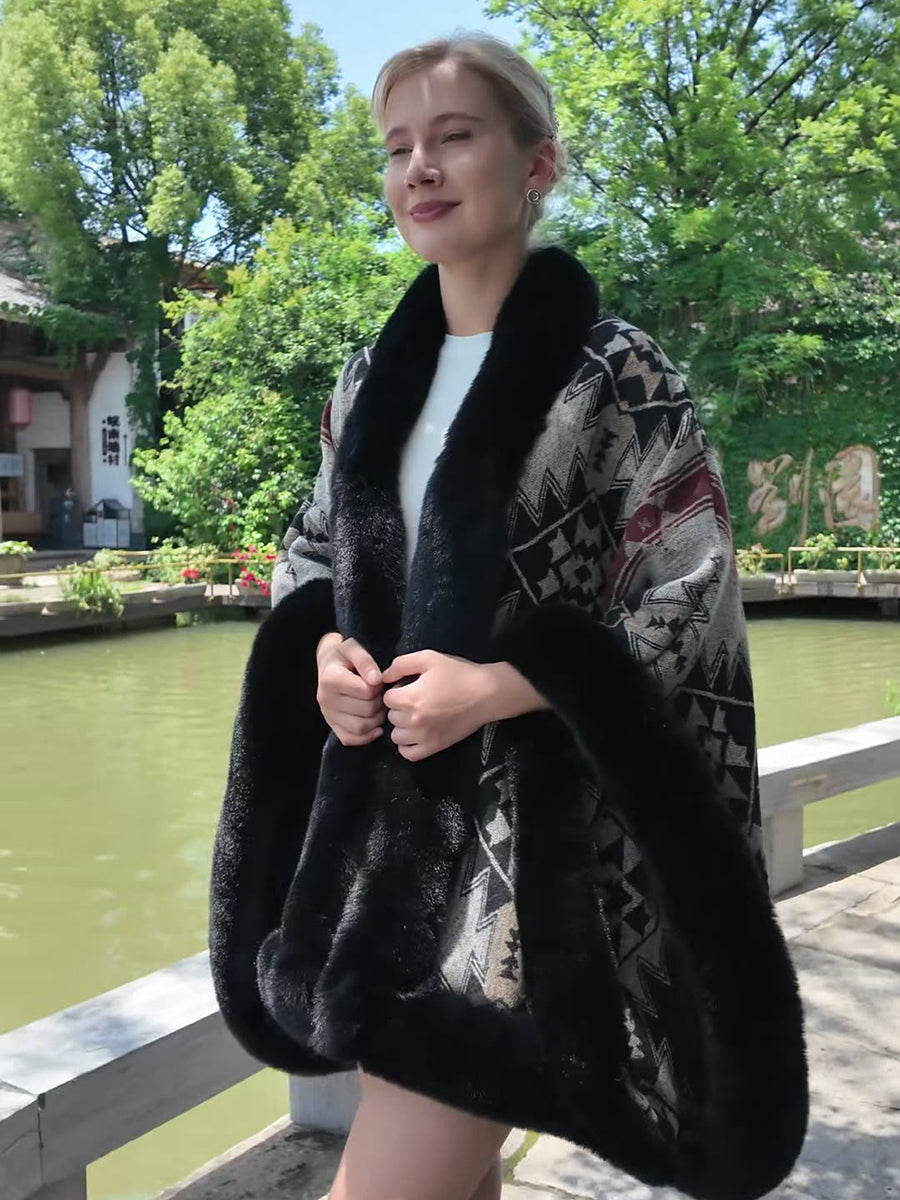 Geometric Faux Fur Trim Cape Shawl