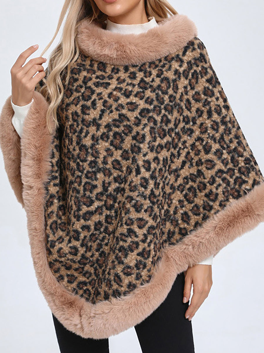 Leopard Print Faux Fur Trim Knitted Poncho Shawl