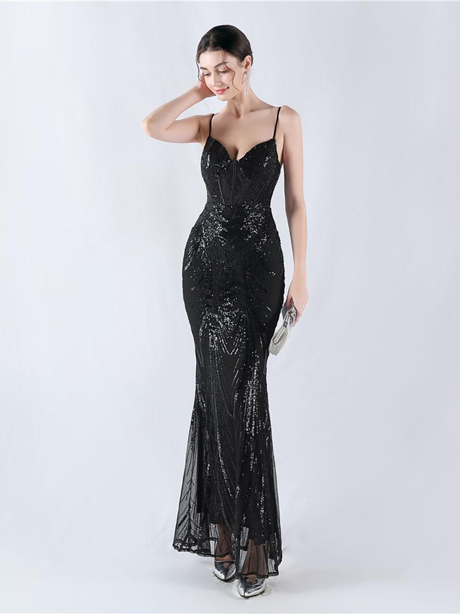 Spaghetti Blue Sequin Coset Prom Dress