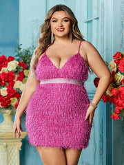 Plus Rosered Fringed Fluffy Sexy Party Dress