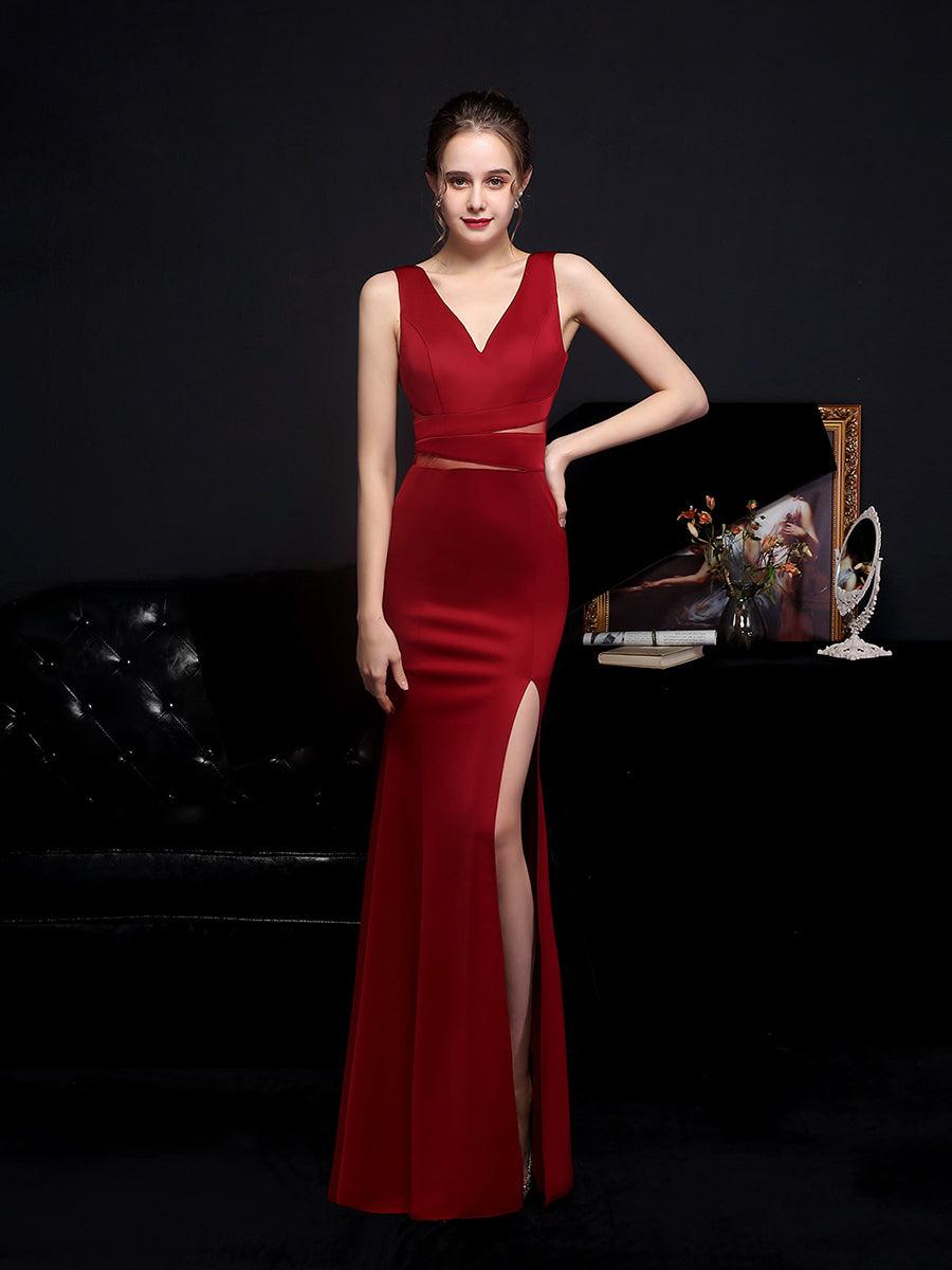 V-neck Solid Cutout Back Chain Prom Dress
