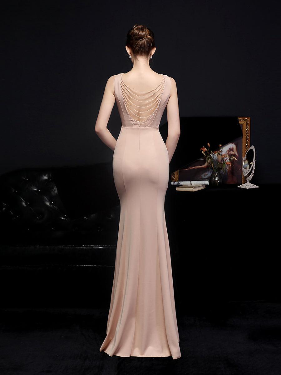 V-neck Solid Cutout Back Chain Prom Dress