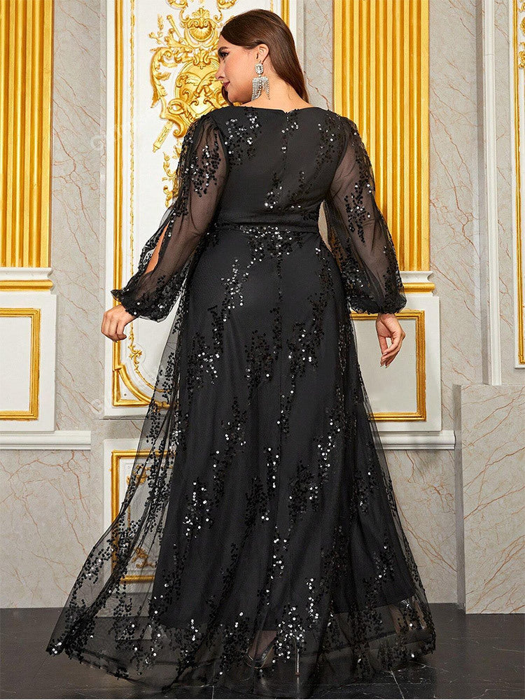 Plus Cutout Sequin A-line Prom Dress
