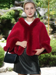 Short Elegant Faux Fur Trim Knitted Poncho Shawl