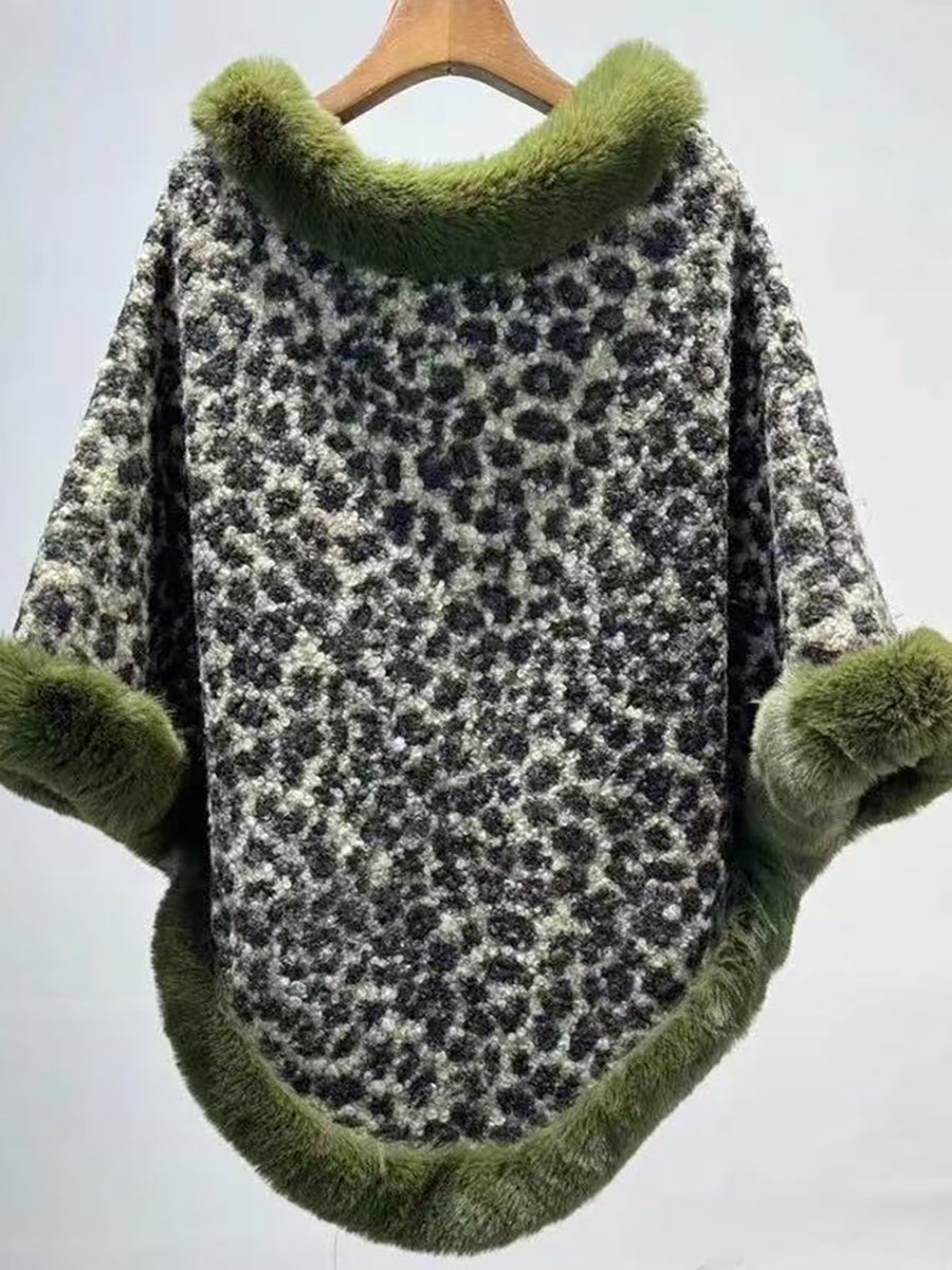 Leopard Print Faux Fur Trim Knitted Poncho Shawl