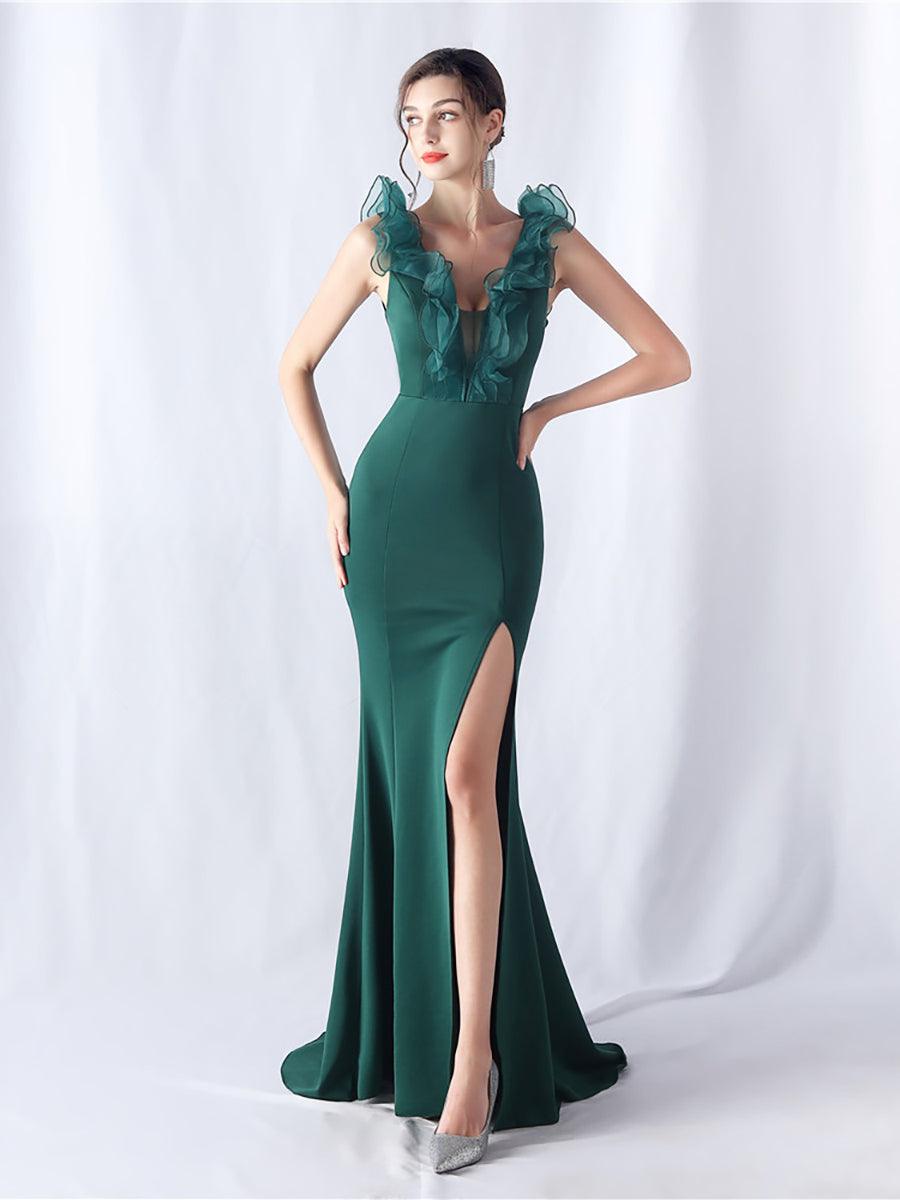 Ruffled Split V-neck Mermaid Prom Dress