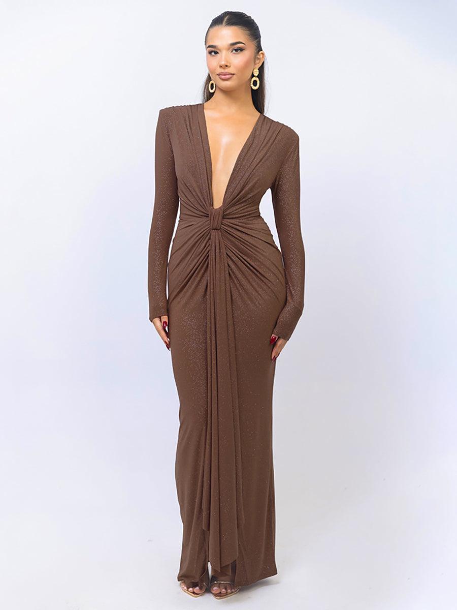Plung Long Sleeve Ruched Solid Prom Dress