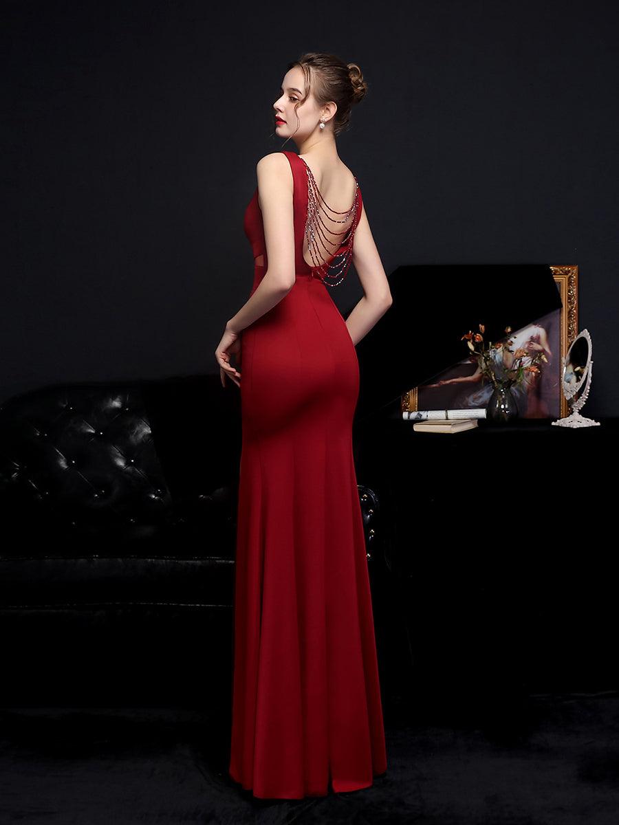 V-neck Solid Cutout Back Chain Prom Dress