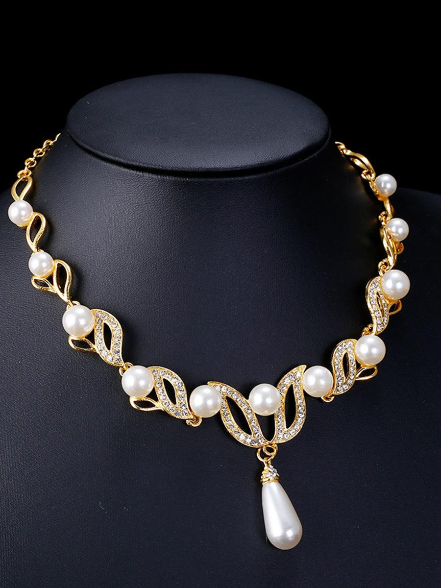 Teardrop Pearl Necklace Earrings Gold Set MRL20001