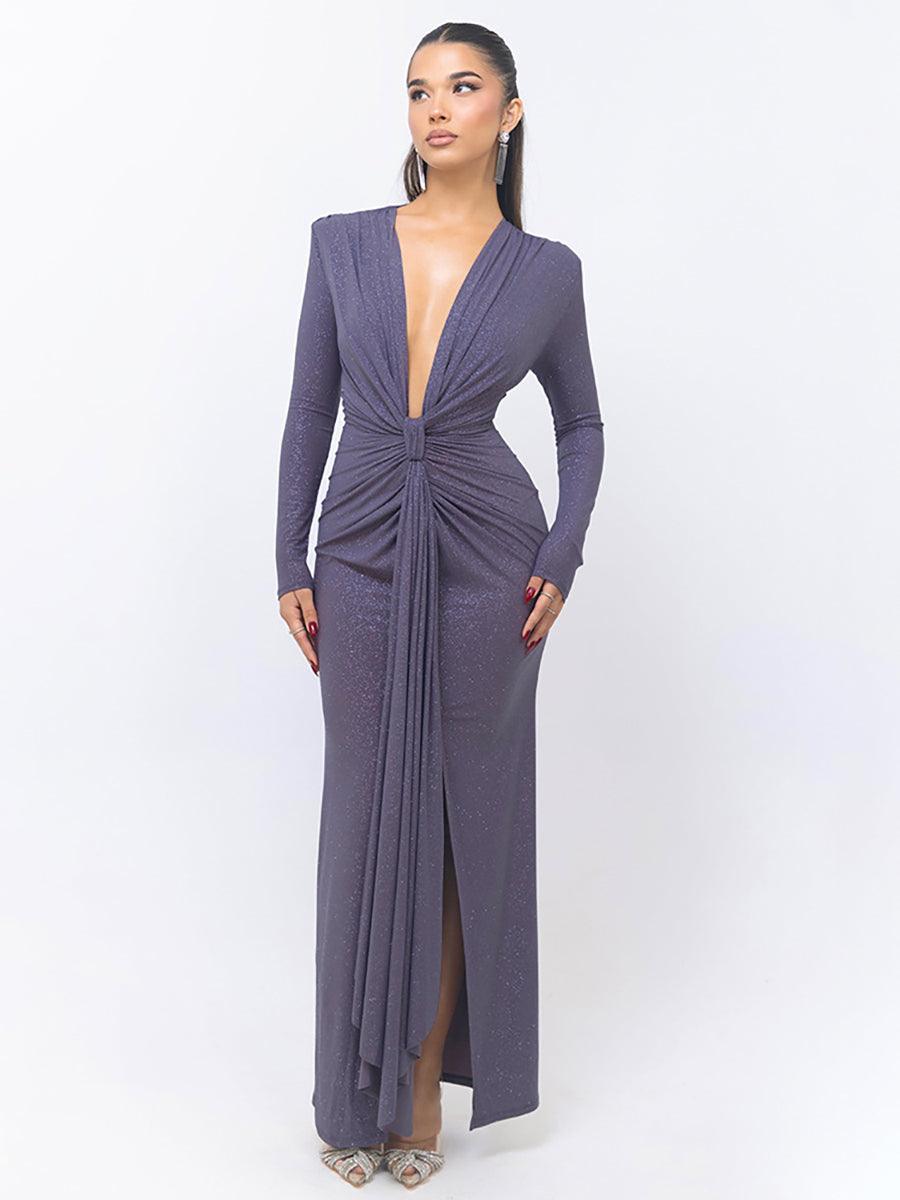 Plung Long Sleeve Ruched Solid Prom Dress