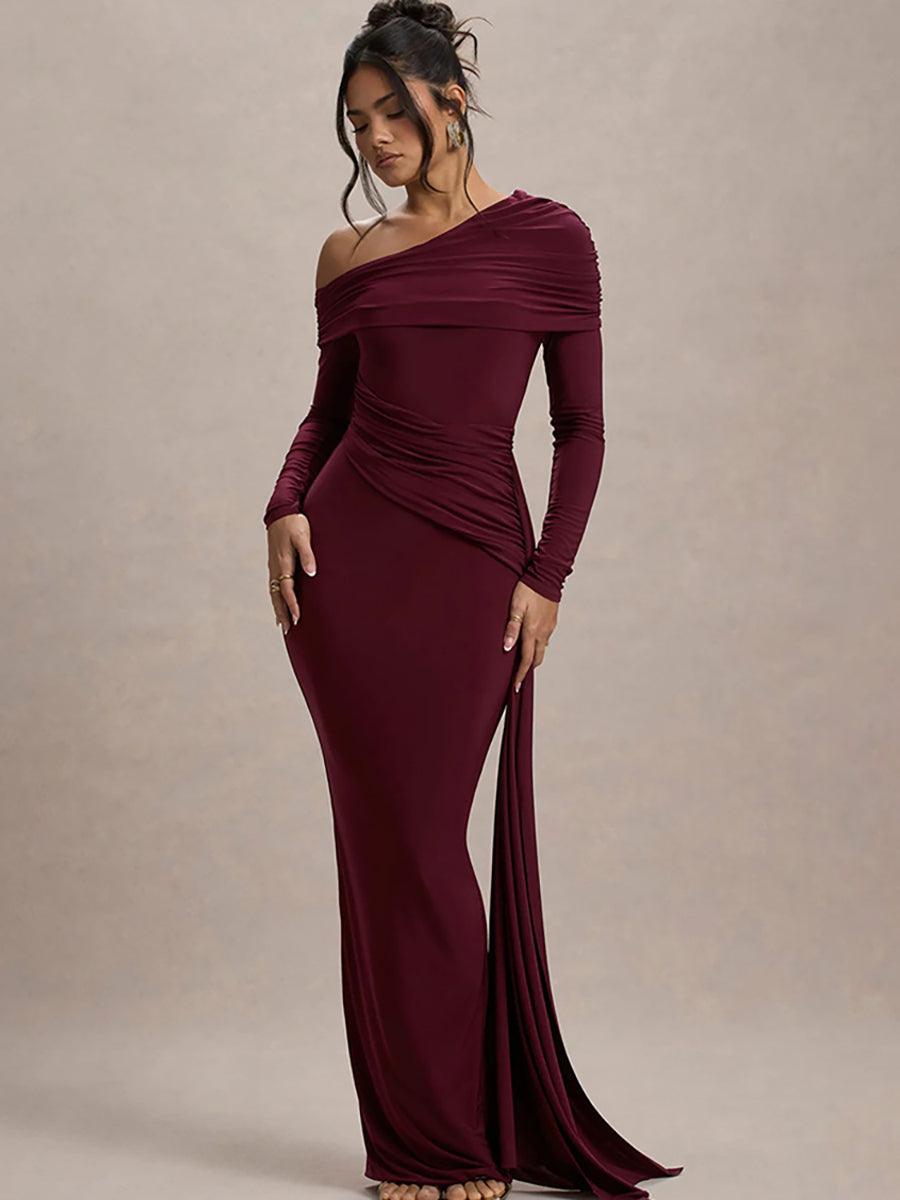 Slash Neck Ribbon Ruched Solid Prom Dress