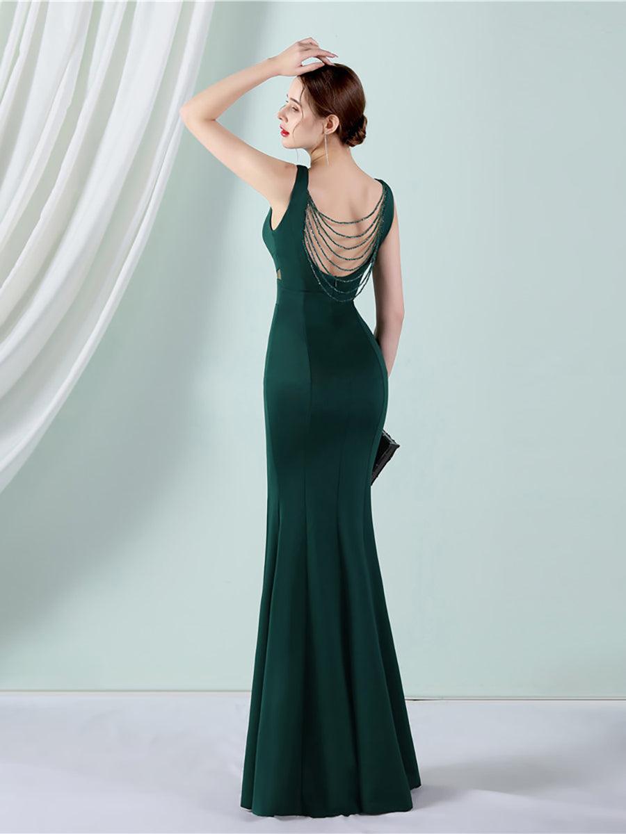 V-neck Solid Cutout Back Chain Prom Dress