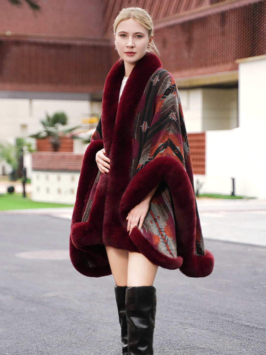Geometric Faux Fur Trim Cape Shawl