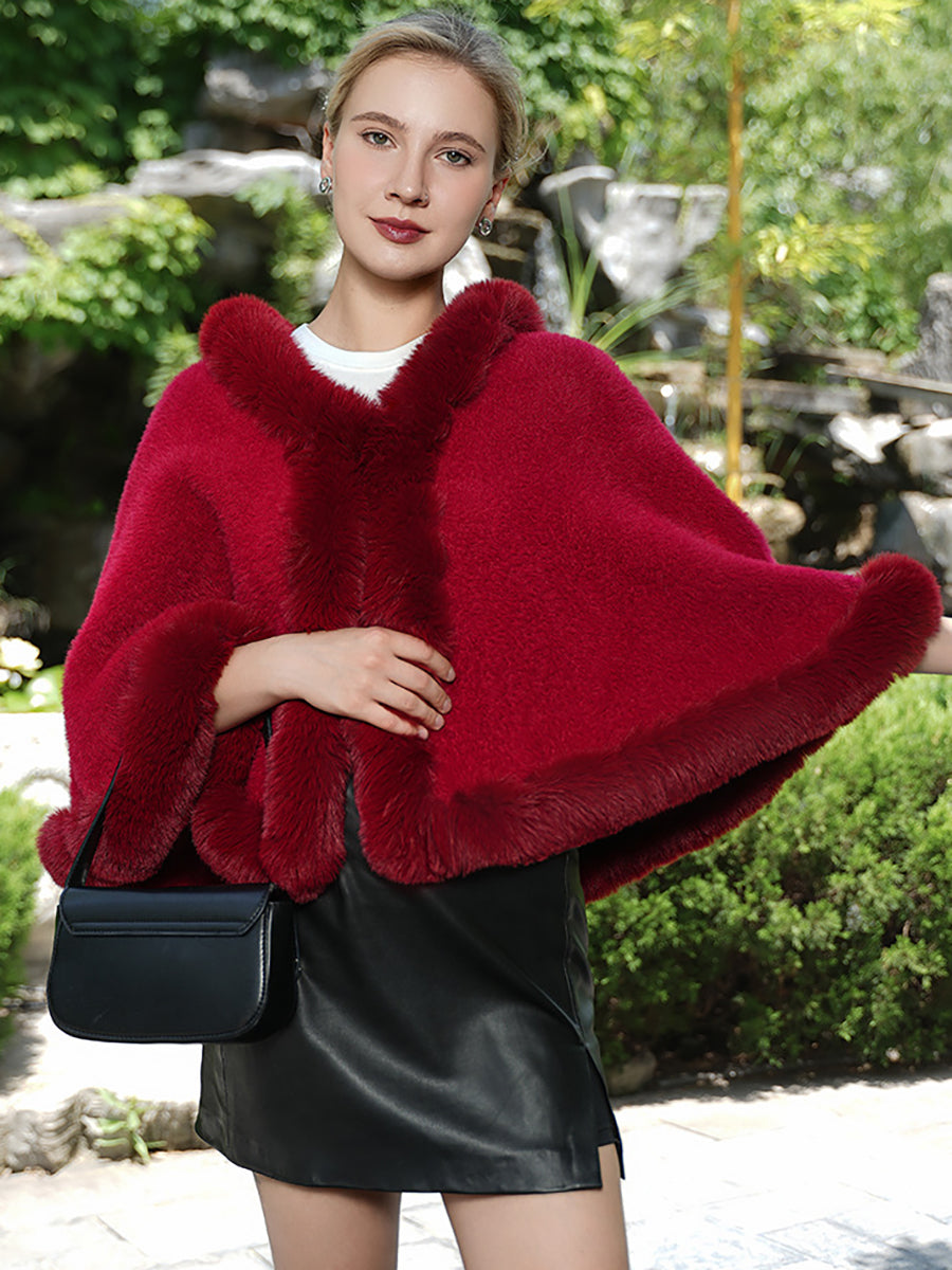Short Elegant Faux Fur Trim Knitted Poncho Shawl