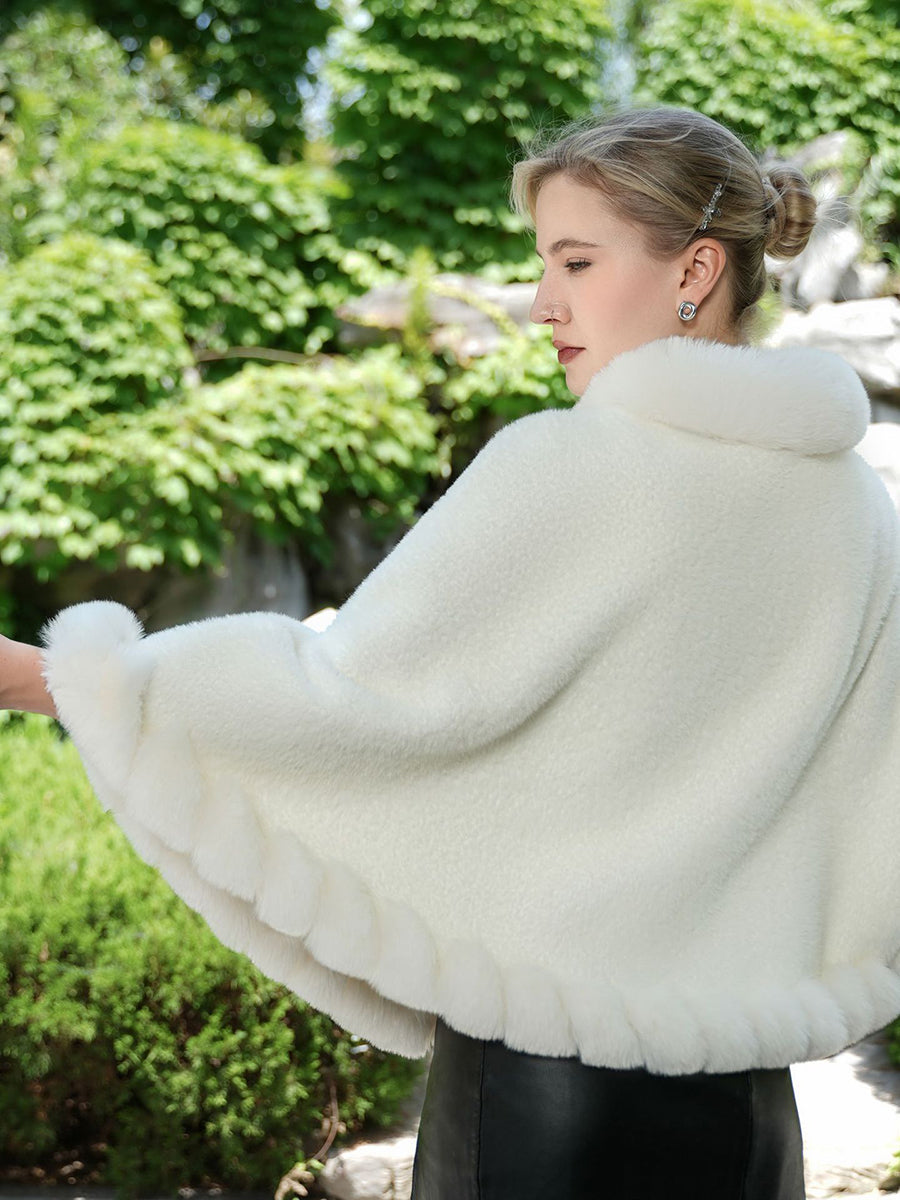 Short Elegant Faux Fur Trim Knitted Poncho Shawl