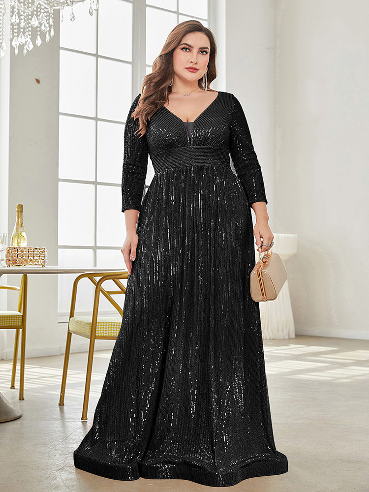 Long Sleeve V-neck Sequin Wedding Guest Dress