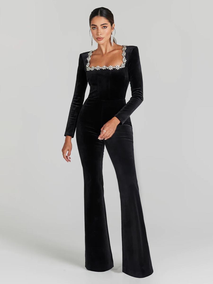 Rhinestone Square Neck Velvet Jumpsuits
