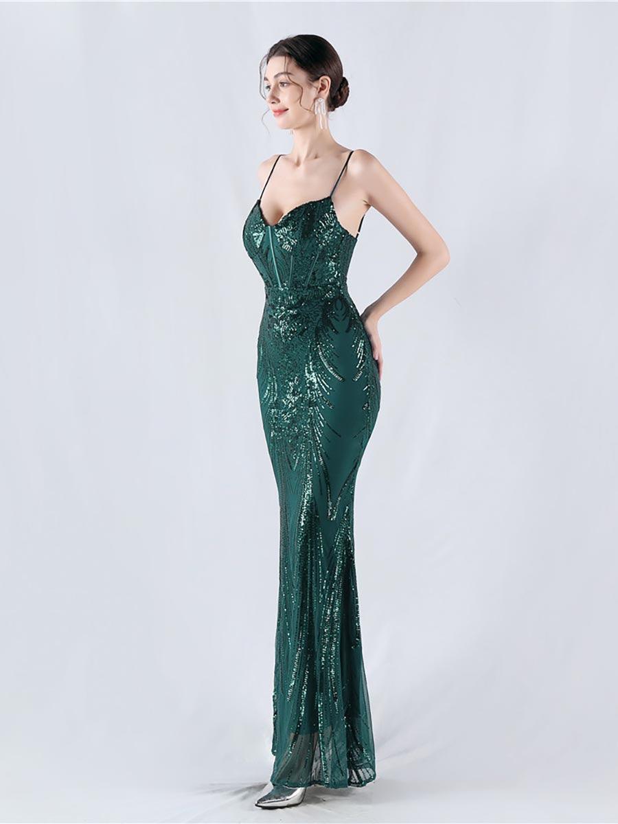 Spaghetti Blue Sequin Coset Prom Dress