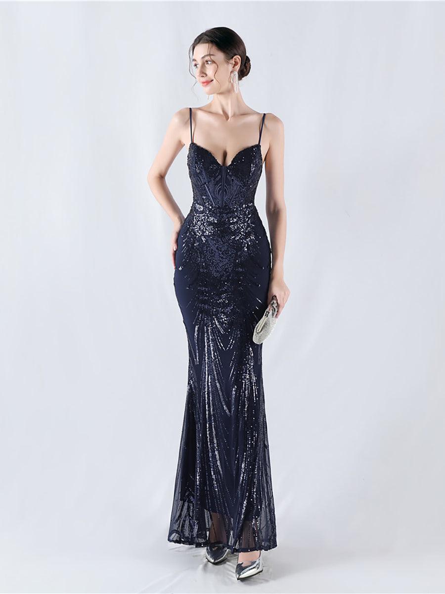 Spaghetti Blue Sequin Coset Prom Dress