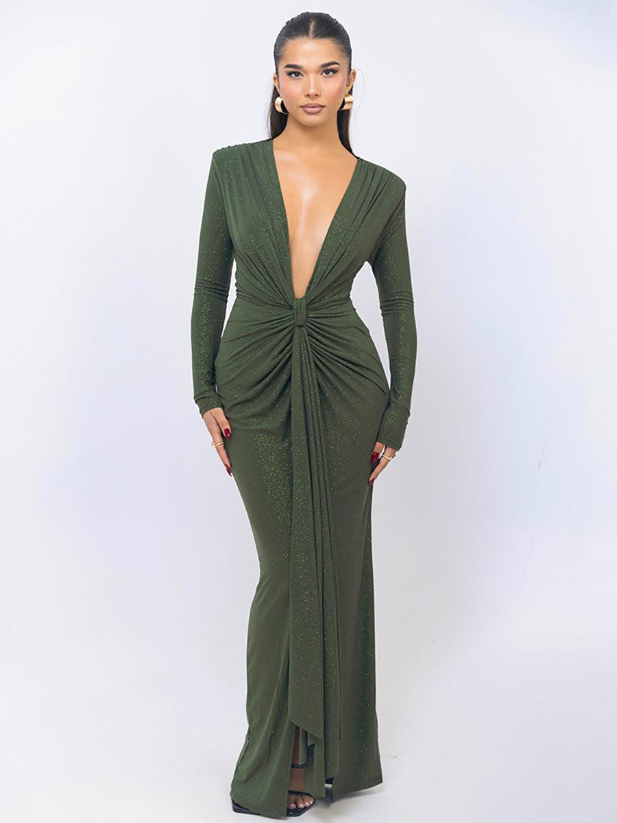 Plung Long Sleeve Ruched Solid Prom Dress