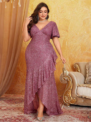 Burgundy Asymmetrical Sequin Prom Dress