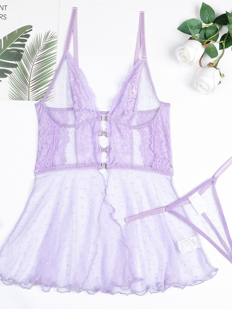 Lavender See-through Sexy Polka Dot Lace Two-piece Set
