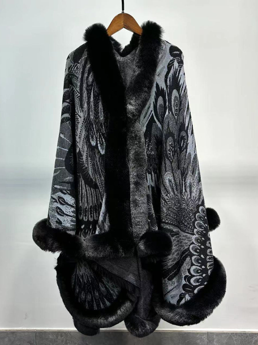 Graphic Elegant Faux Fur Trim Cape Shawl
