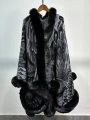 Graphic Elegant Faux Fur Trim Cape Shawl