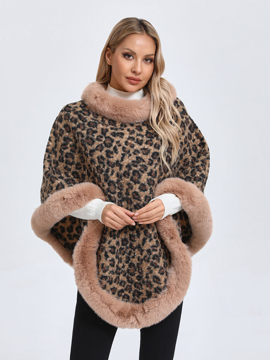 Leopard Print Faux Fur Trim Knitted Poncho Shawl