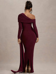 Slash Neck Ribbon Ruched Solid Prom Dress