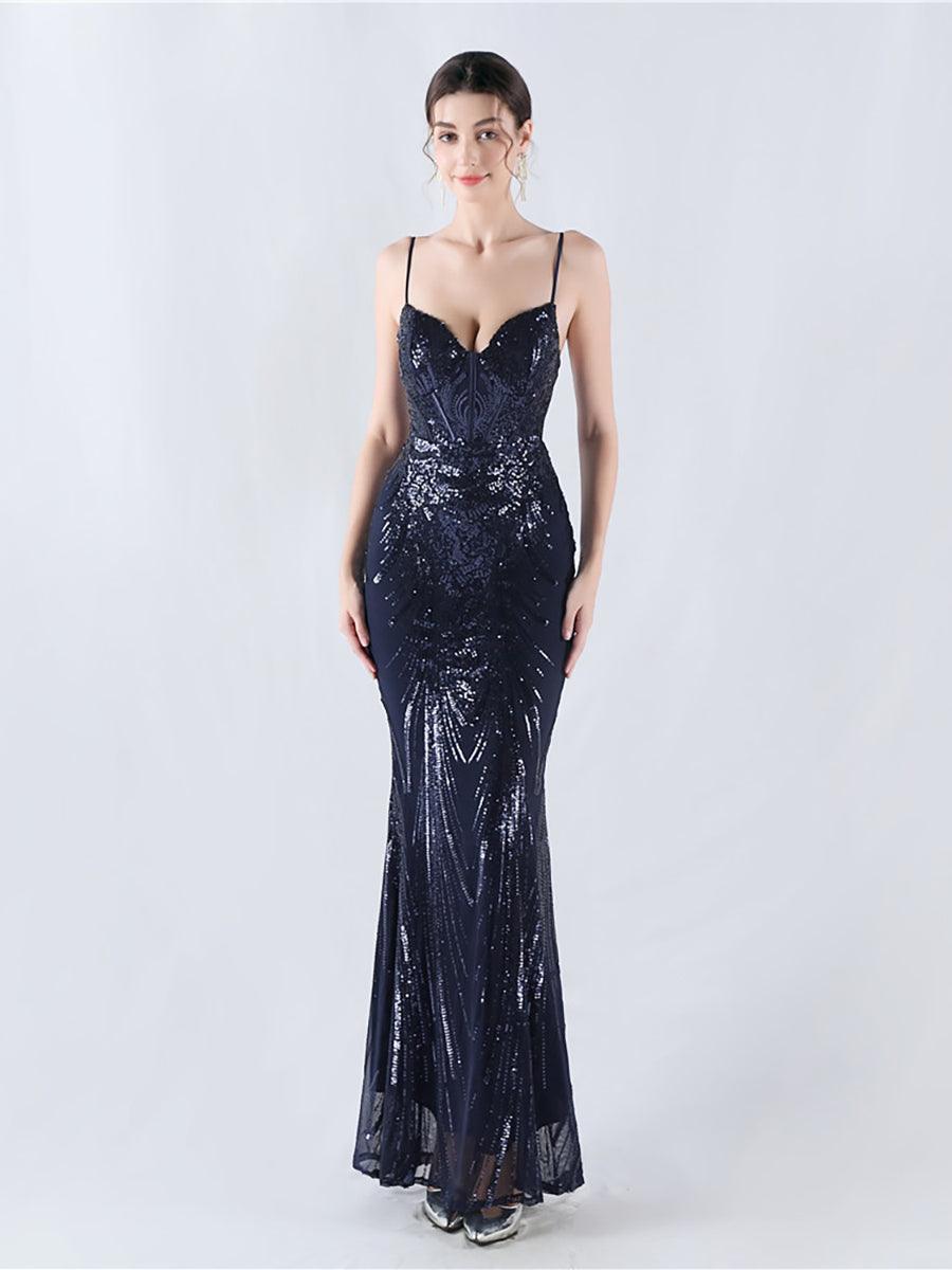 Spaghetti Blue Sequin Coset Prom Dress
