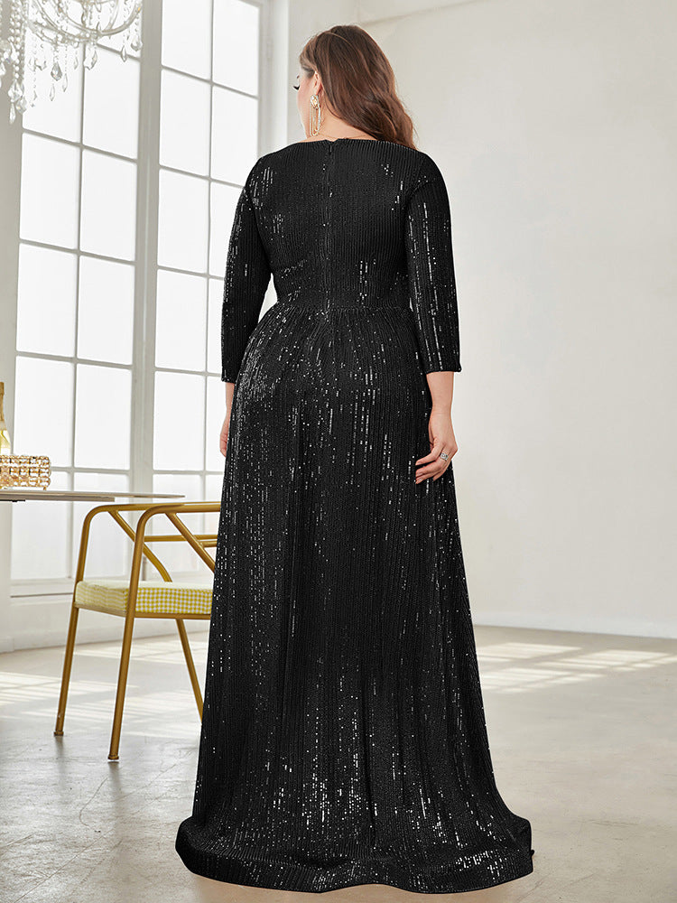 Long Sleeve V-neck Sequin Wedding Guest Dress