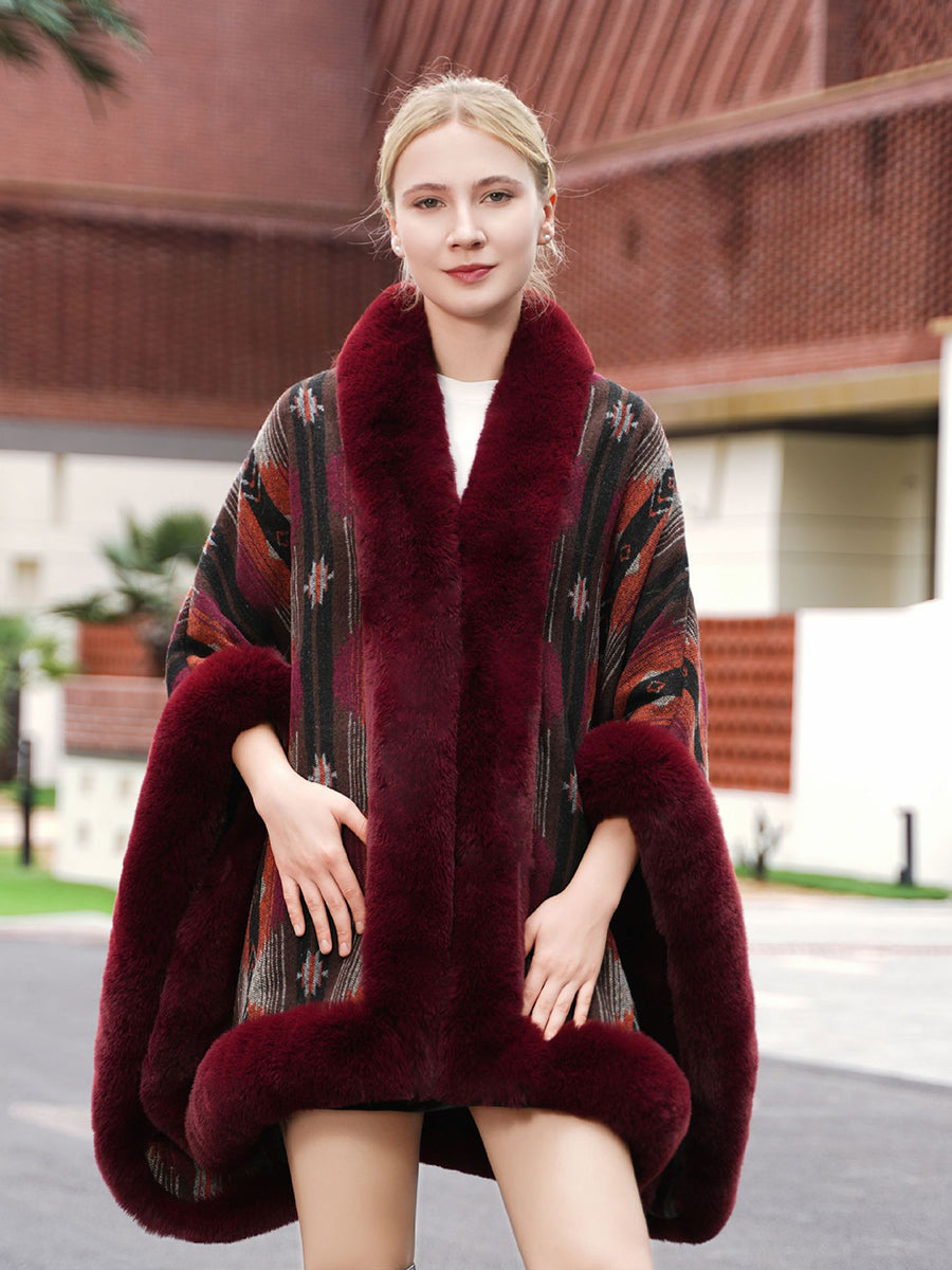 Geometric Faux Fur Trim Cape Shawl