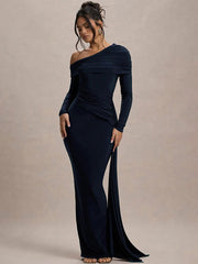 Slash Neck Ribbon Ruched Solid Prom Dress